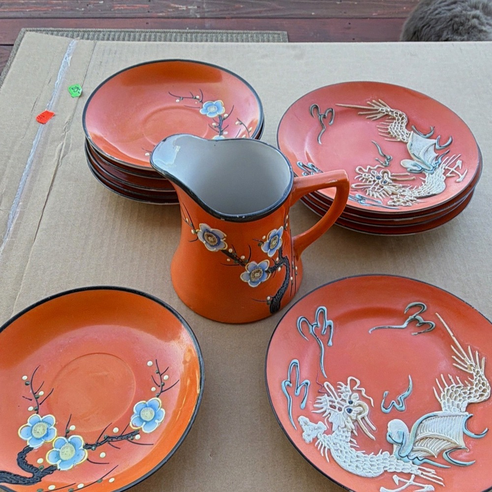 Vintage Made in Japan Orange Dragon Ware Ceramic Plate Set & Pitcher 12pc
